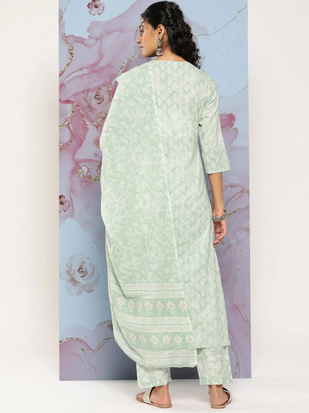Women Green Ethnic Embroidered Kurta With Palazzo And Dupatta
