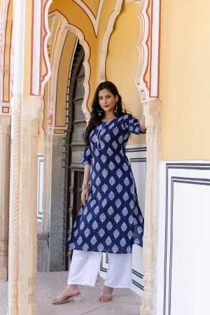Women Navy Blue Ethnic Printed Straight Kurta With Lace Details