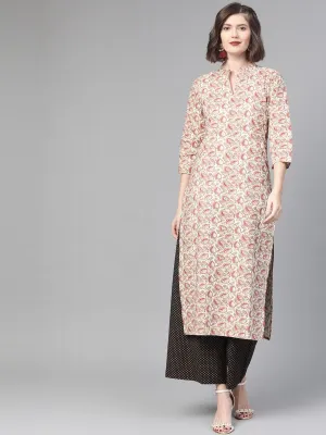 Women Off White & Beige Straight Floral Printed Kurta And Palazzos Set