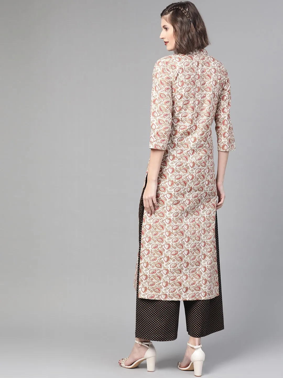 Women Off White & Beige Straight Floral Printed Kurta And Palazzos Set