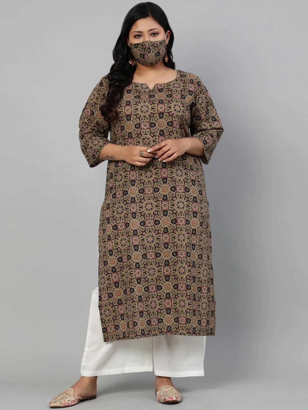 Women Olive Green Printed Straight Kurta With Round Neck & Three Quarters Sleeves