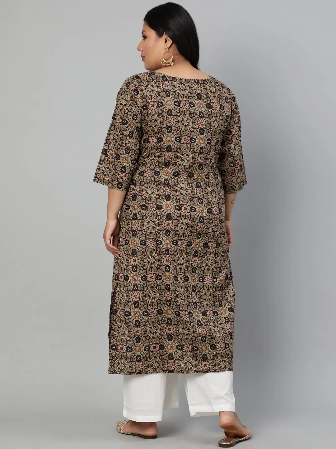 Women Olive Green Printed Straight Kurta With Round Neck & Three Quarters Sleeves