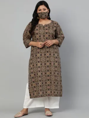 Women Olive Green Printed Straight Kurta With Round Neck & Three Quarters Sleeves