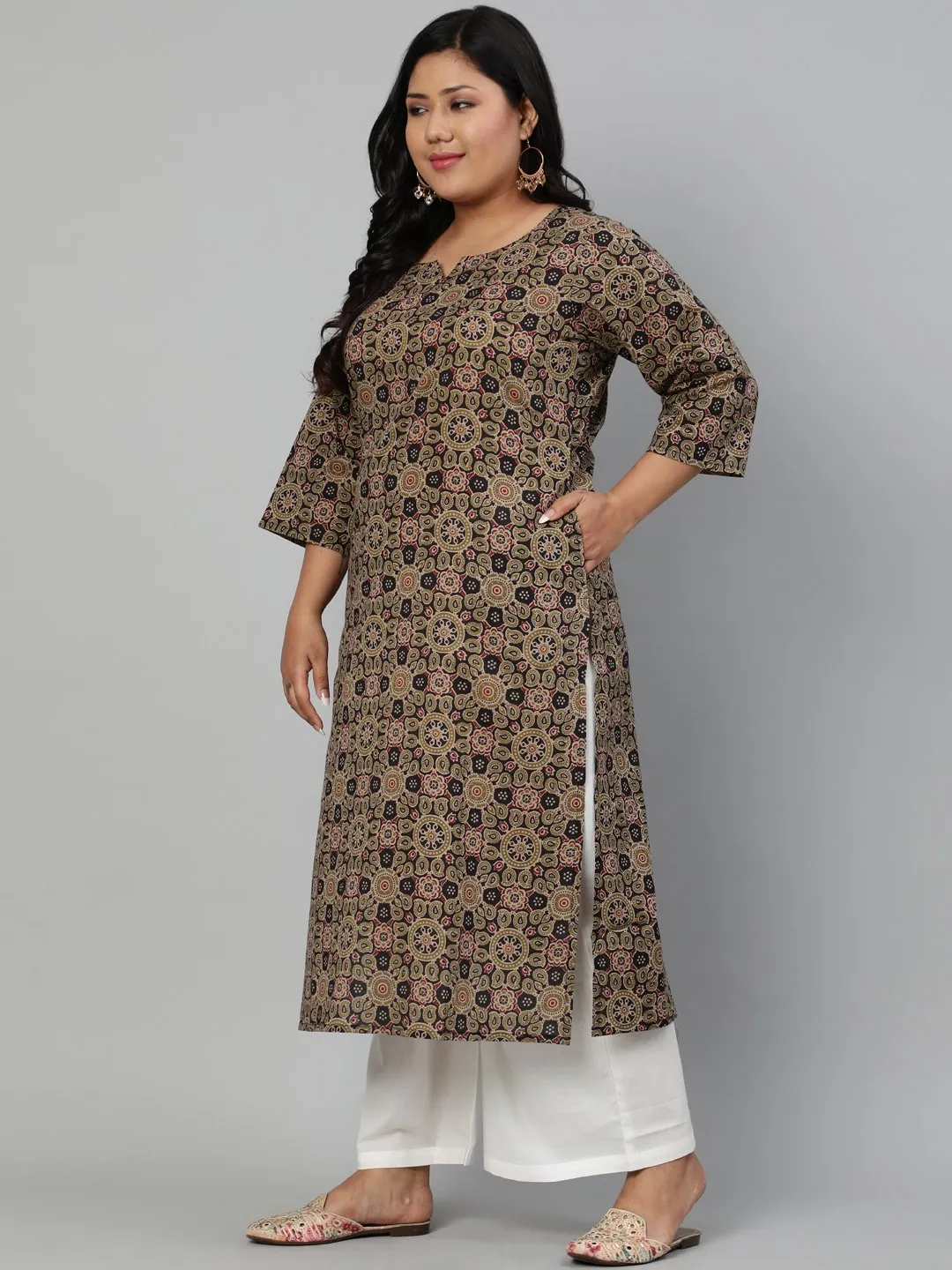 Women Olive Green Printed Straight Kurta With Round Neck & Three Quarters Sleeves