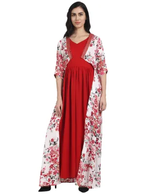 Women Red Crepe Anarkali Kurta With Floral Printed Front Open Jacket Layer