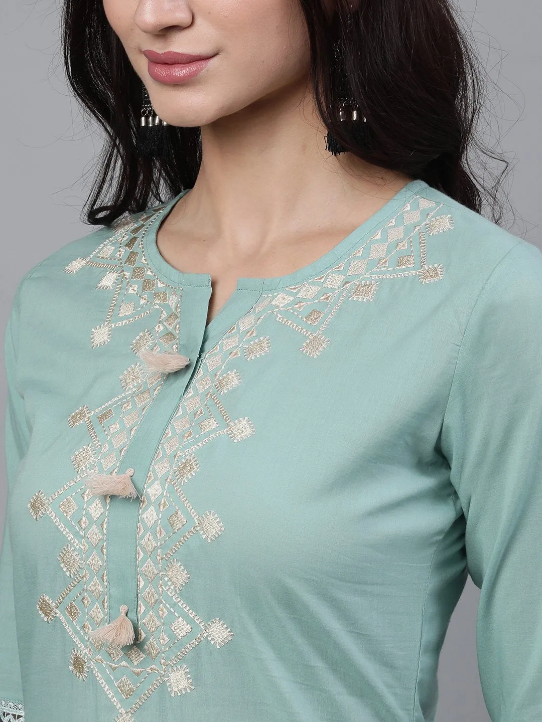 Women Sage Green Three-Quarter Sleeves Straight Kurta Palazzo With Dupatta