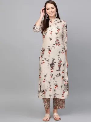 Women Sea Green Three-Quarter Sleeves Printed Straight Pure Cotton Kurta Palazzo Set