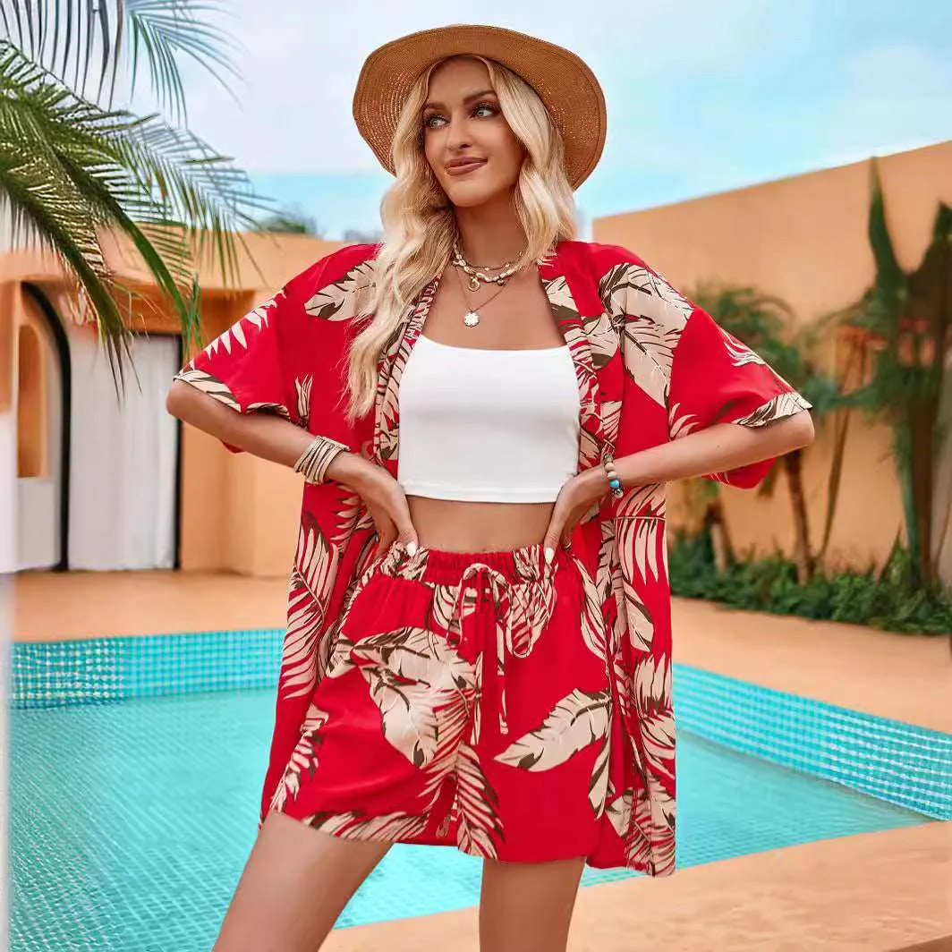 Women's Casual Leaves Print Short Sleeved Shirt And Shorts Outfit Set
