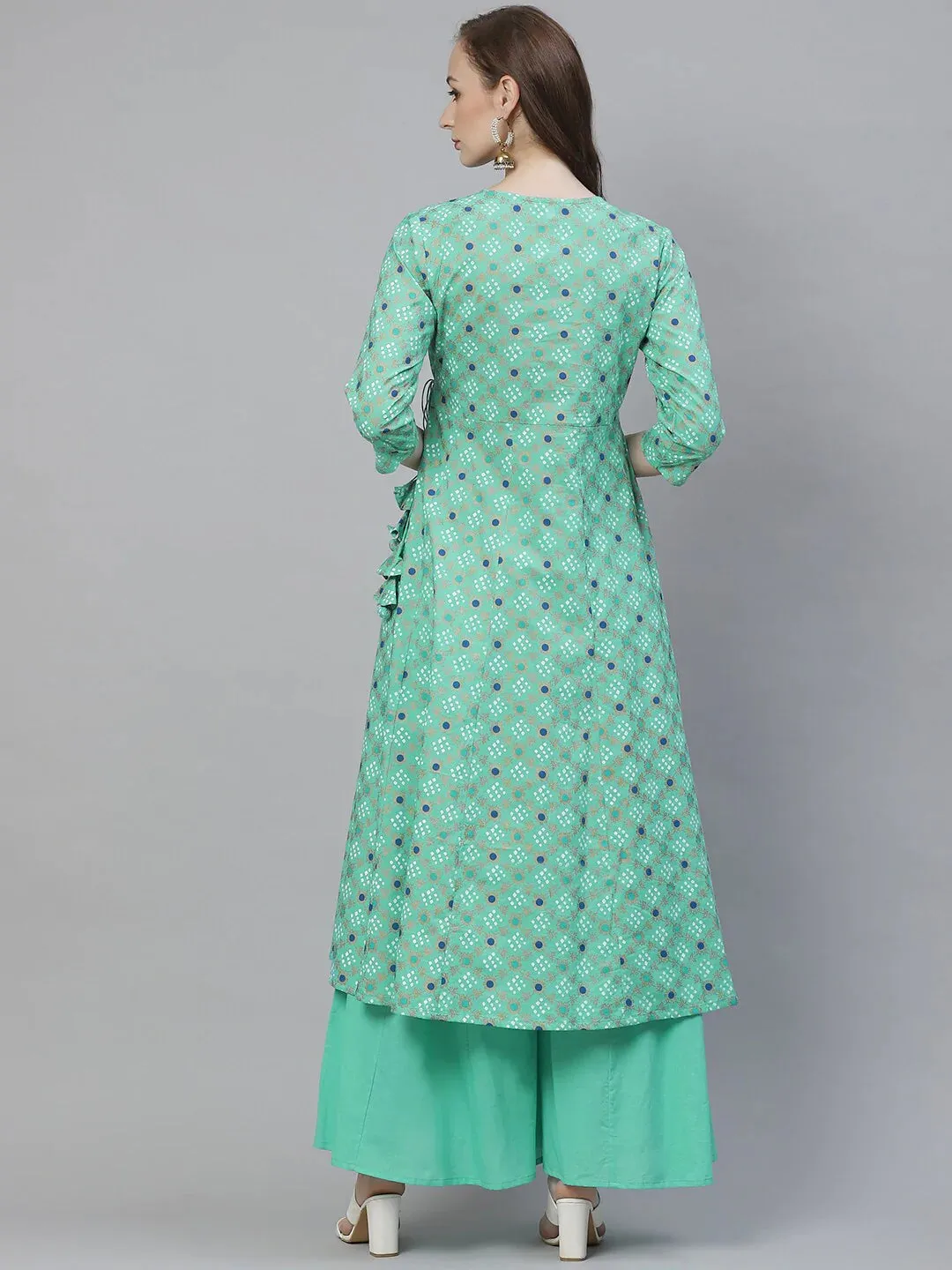 Women'S Green & Golden Printed Kurta With Palazzos
