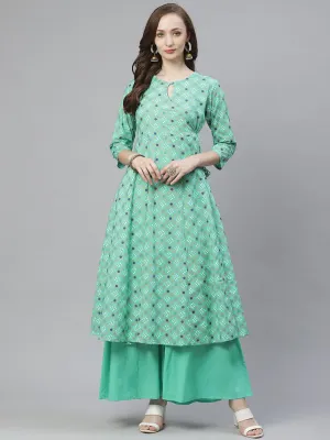 Women'S Green & Golden Printed Kurta With Palazzos