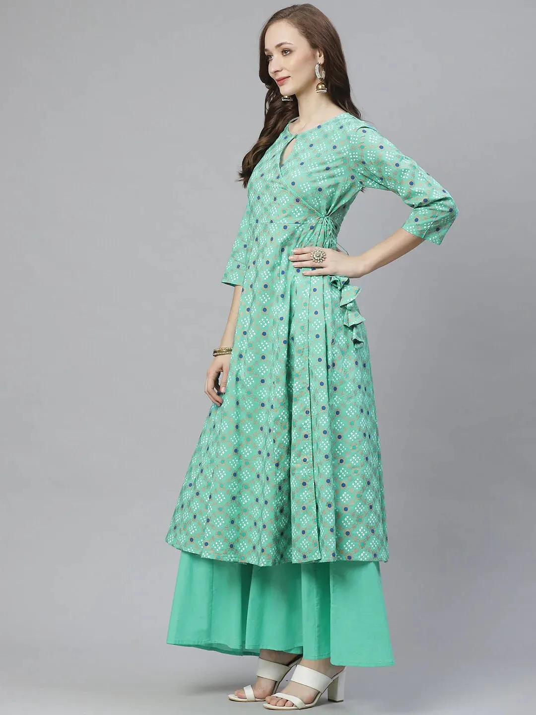 Women'S Green & Golden Printed Kurta With Palazzos