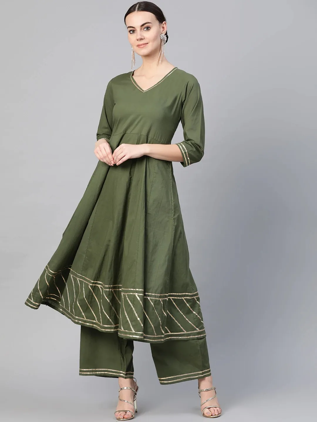 Women'S Olive Green Gotta Patti Detail Kurta With Palazzos