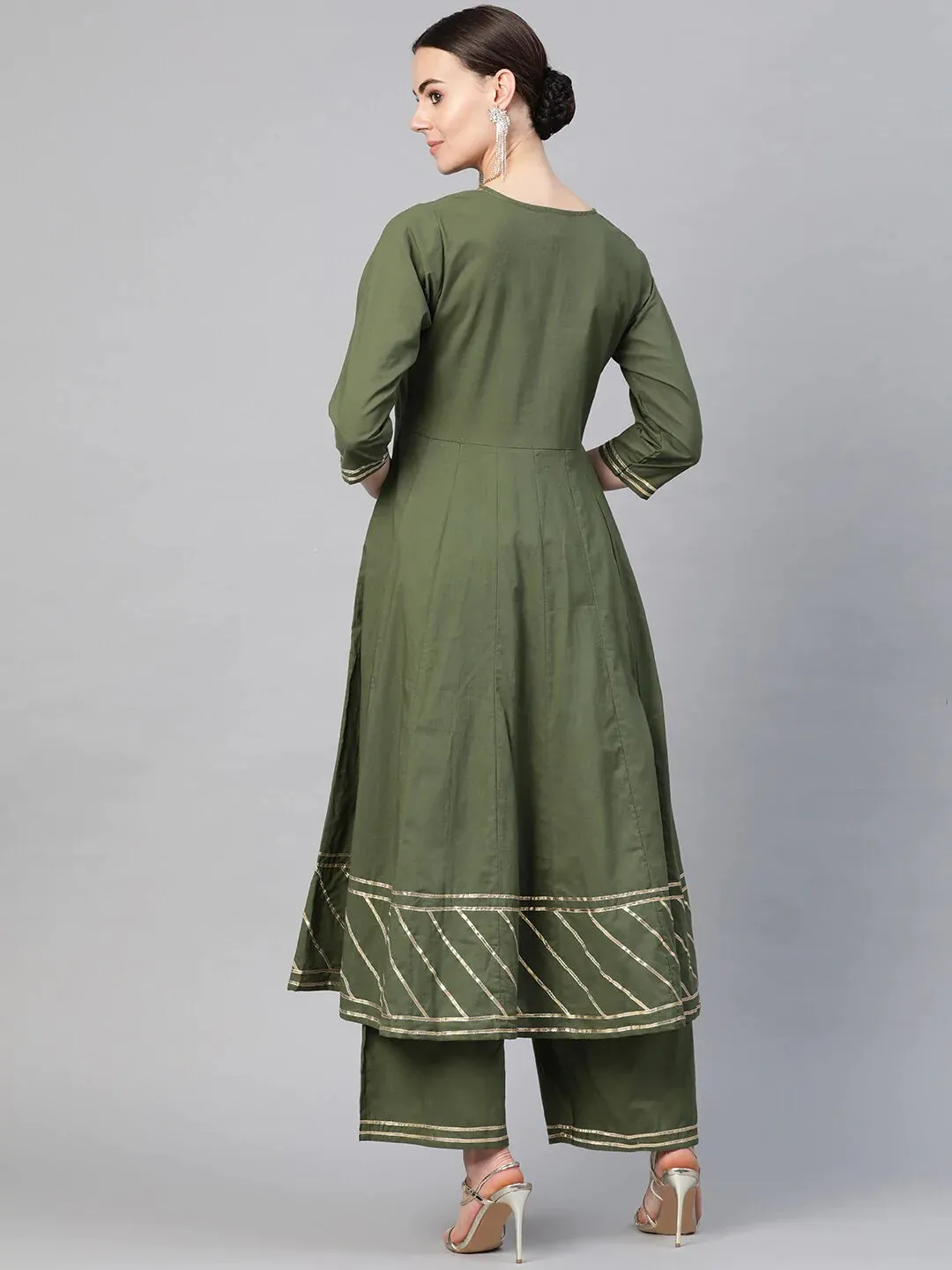 Women'S Olive Green Gotta Patti Detail Kurta With Palazzos