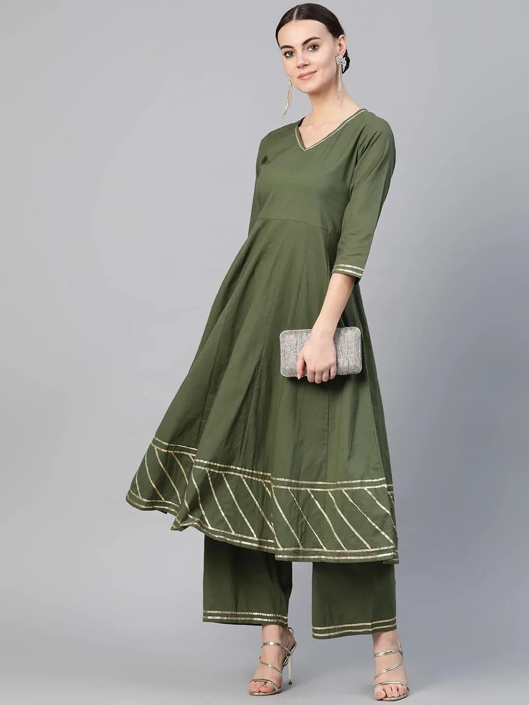 Women'S Olive Green Gotta Patti Detail Kurta With Palazzos