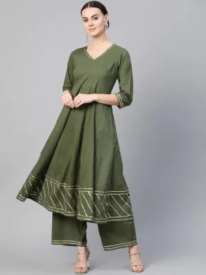 Women'S Olive Green Gotta Patti Detail Kurta With Palazzos