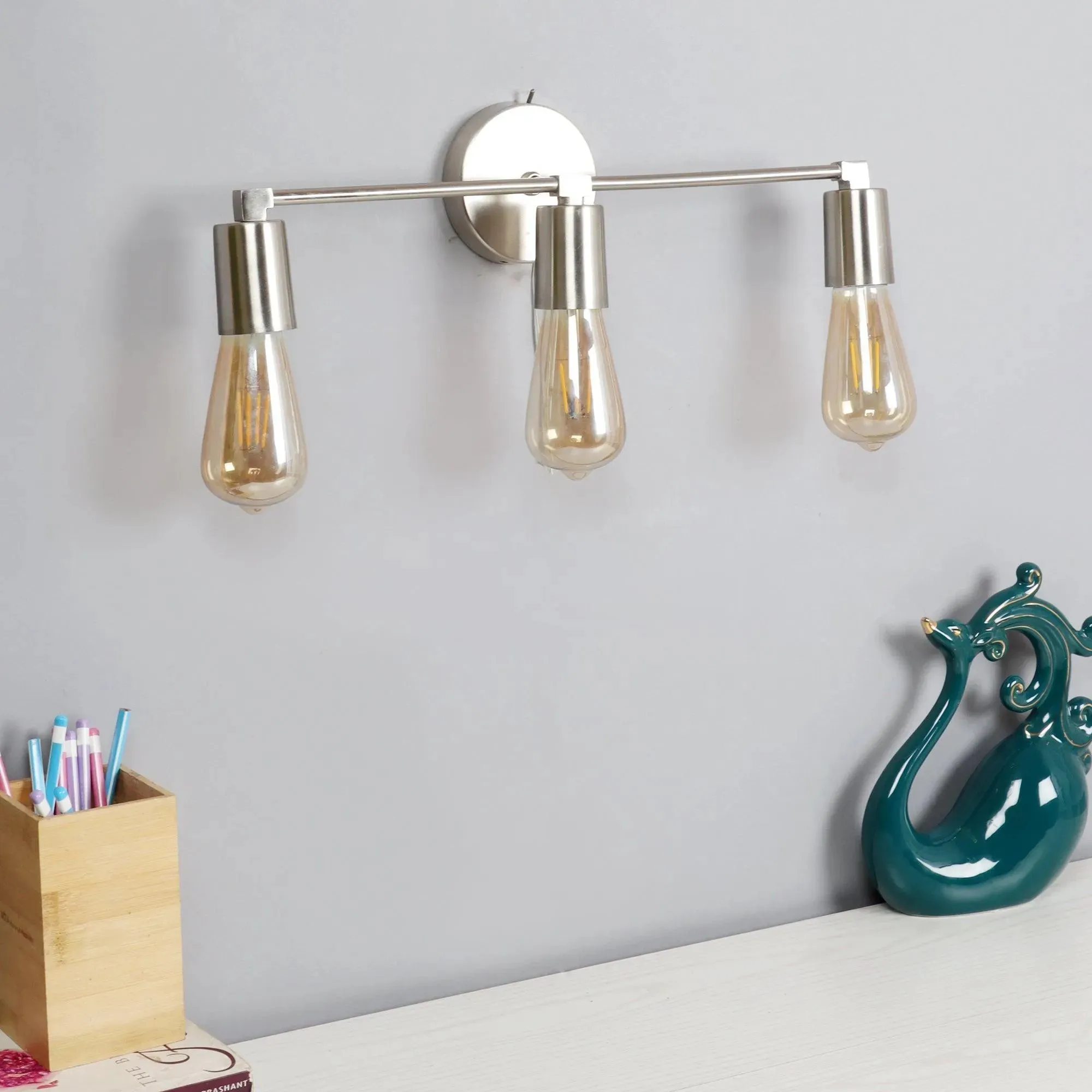 Wooden Twist Salacia Triple Wall Light in Silver Metal with Pewter Finish Modern Rustic Decorative Sconce for Home Interior