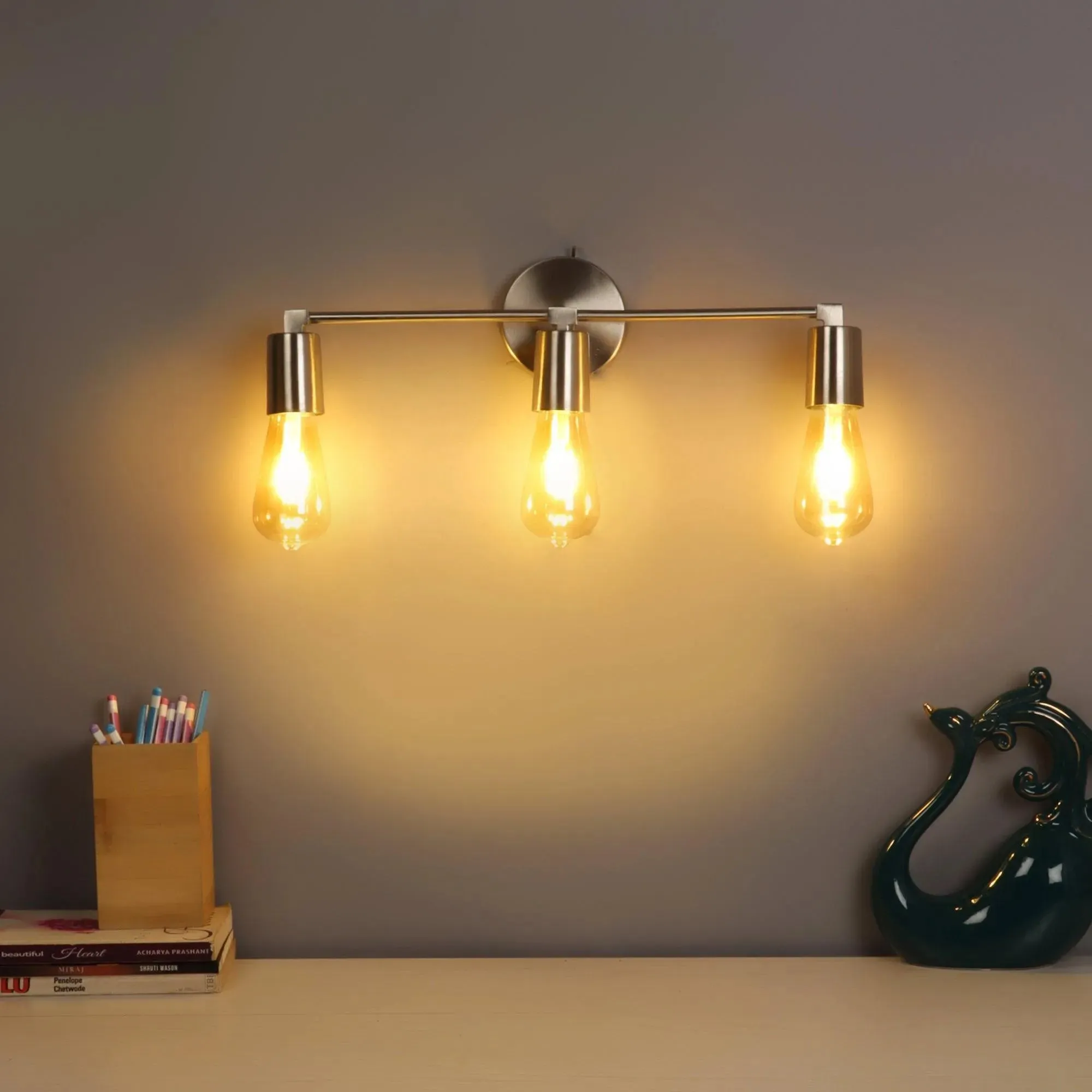 Wooden Twist Salacia Triple Wall Light in Silver Metal with Pewter Finish Modern Rustic Decorative Sconce for Home Interior