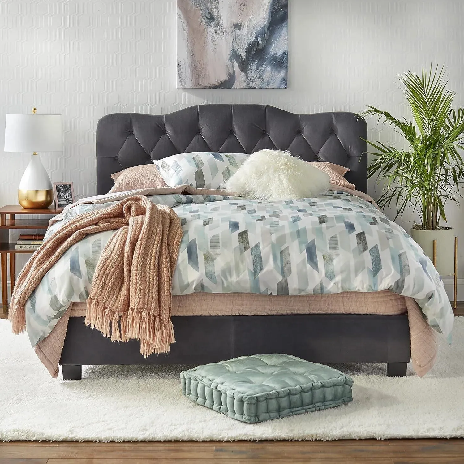 Wooden Twist Tessa Velvet Upholstery Rectangular Bed
